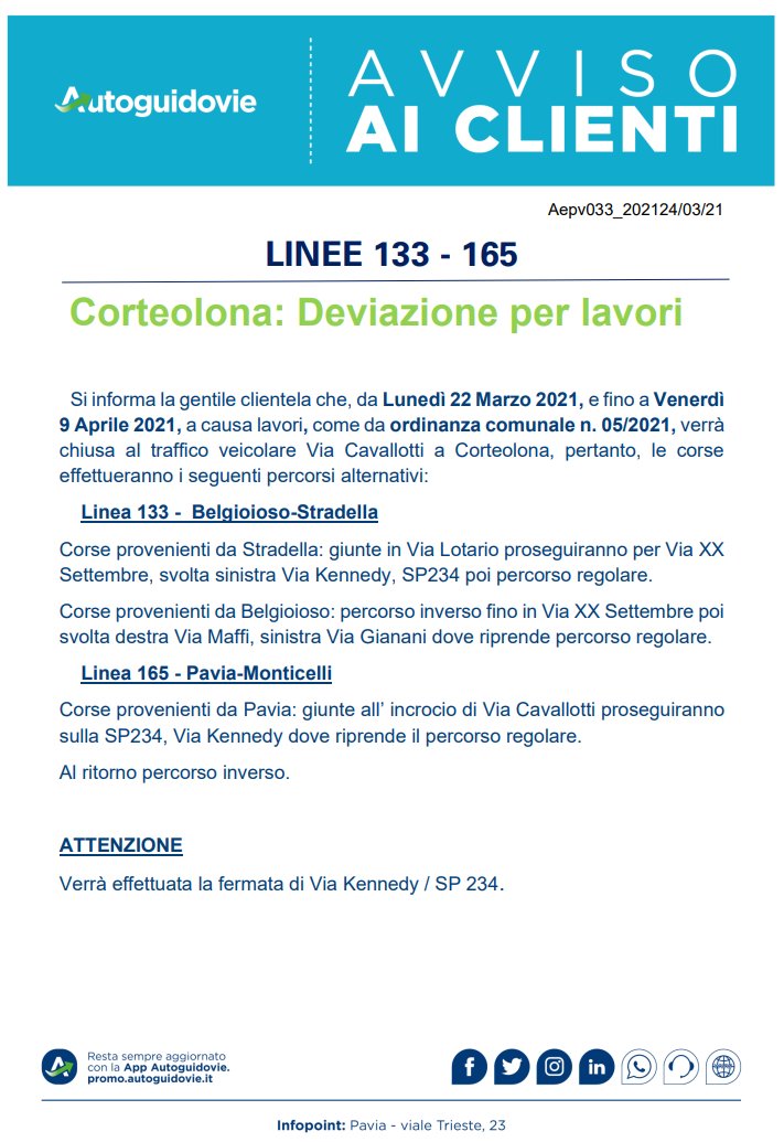 AutoguidoviePV's tweet image. #Corteolona: ricordiamo alla gentile clientela che fino a Venerdì 9 Aprile 2021, come da ordinanza comunale n. 05/2021, verrà chiusa al traffico veicolare Via Cavallotti, pertanto, le corse delle linee 133 e 165 dovranno effettuare percorsi alternativi. bit.ly/3mdAVBA