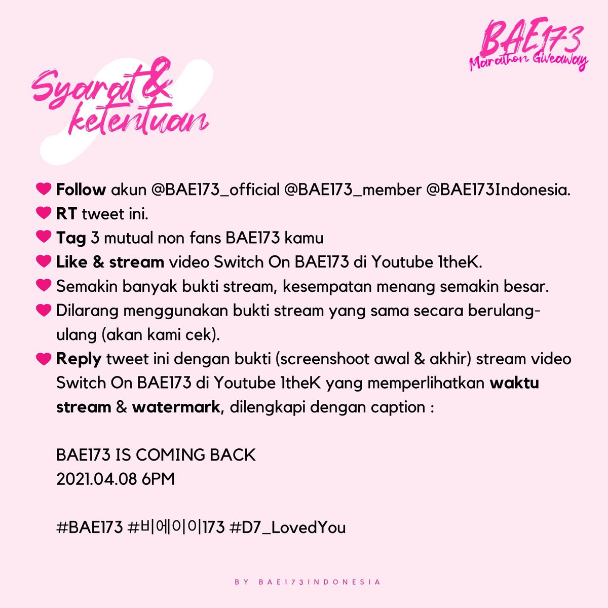BAE173Indonesia's tweet photo. [🎁]

Marathon Giveaway Day 1
By Supporters BAE173 Indonesia 

Hi 🎉
Selamat datang di hari pertama marathon. Untuk detail syaratnya bisa dicek pada poster dibawah ya 😉

Run! Run! 🏃🏻‍♀️🏃🏻‍♂️🏃🏻‍♀️🏃🏻‍♂️

Link YT Switch On BAE173
🔗 https://t.co/XsAPkG0lrm

#BAE173 #비에이이173 #D7_LovedYou https://t.co/9Hp8o8KNTr