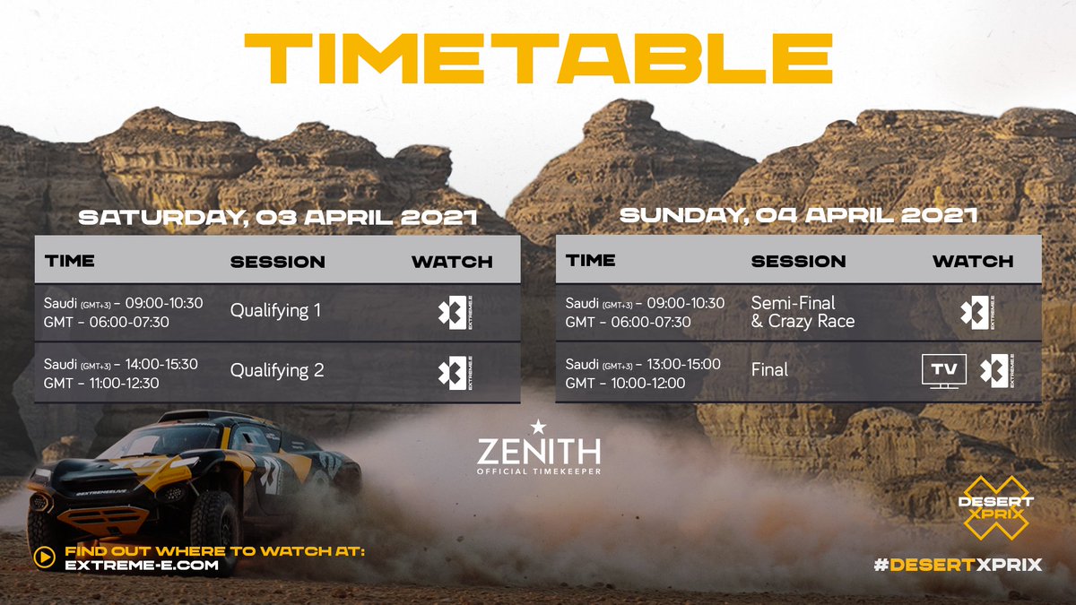 Wondering where you can catch XE this weekend?

Catch the Qualifiers and Semi-Finals* on the Extreme E Website and Social, before heading to your TV broadcaster* for the Finals ➡️ head to Extreme-E.com for ALL the details.

*some exclusions apply

#ExtremeE #DesertXPrix
