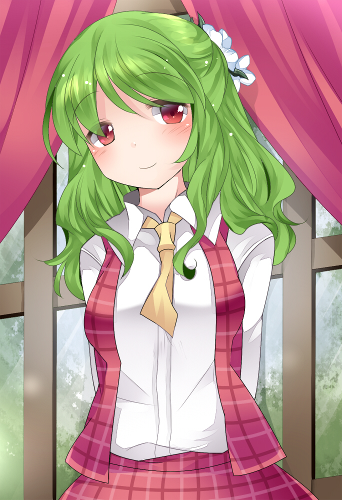 kazami yuuka 1girl solo green hair red eyes smile skirt alternate hairstyle  illustration images