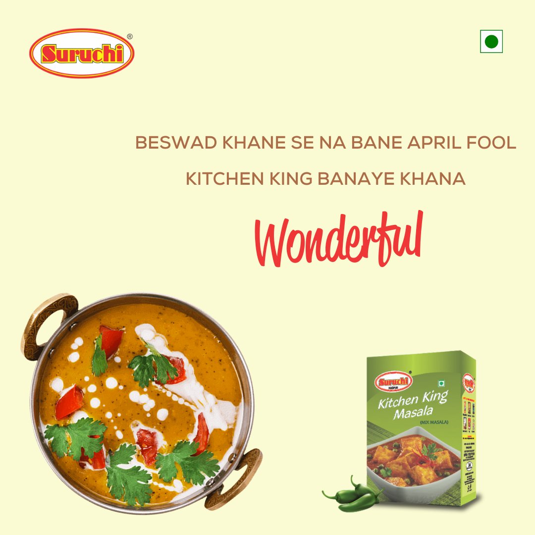 SpicesSuruchi's tweet photo. Tasty khane ko kariye welcome, with Suruchi Kitchen King Masala! ✨
.
#SuruchiSpices #AprilFoolsDay #GharLaiyeSuruchi #Spices #TastyFood #IndianFood #FestiveFood #MazedaarKhana #YummyFood #FoodIsLife #KitchenKingMasala https://t.co/r8TtGzkIn9