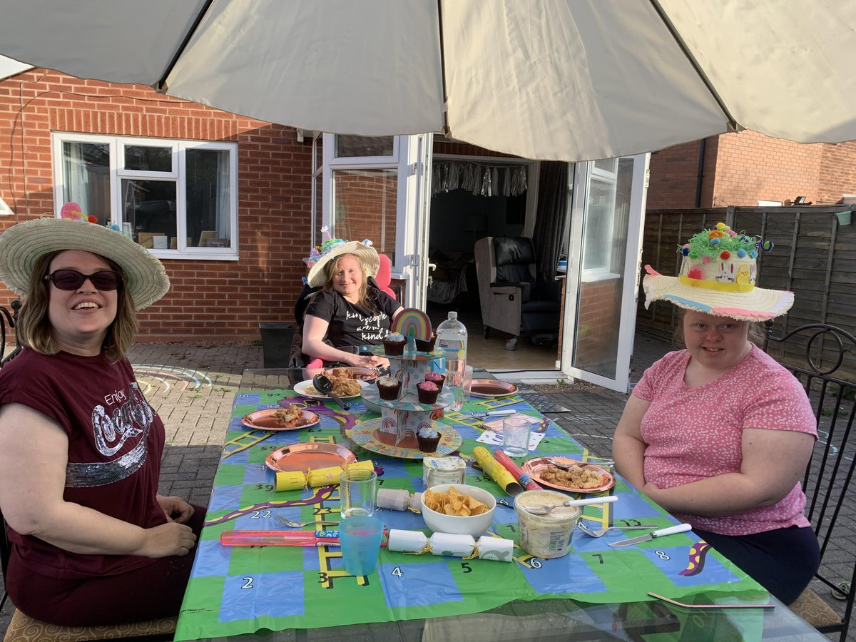 AmberSupport's tweet photo. Where has the sun gone this morning! This was Willow House yesterday enjoying lunch in the sun! We had a competition for the Best Easter Bonnet, so although they didnt win, they are wearing their hats! #Easter #thursdaymorning #ambersupport https://t.co/RjfEExV9i1