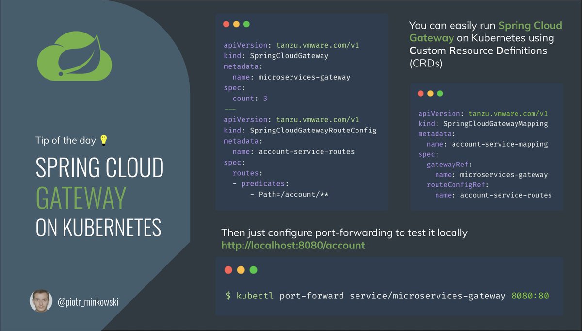 piotr_minkowski's tweet image. Tip of the day 💡
Do you know you can easily run Spring Cloud Gateway🍃☁️ on Kubernetes🕸️ using Custom Resource Definition (CRD)?
Find out how to do this 👇
🏷️ #kubernetes #springcloud #apigateway