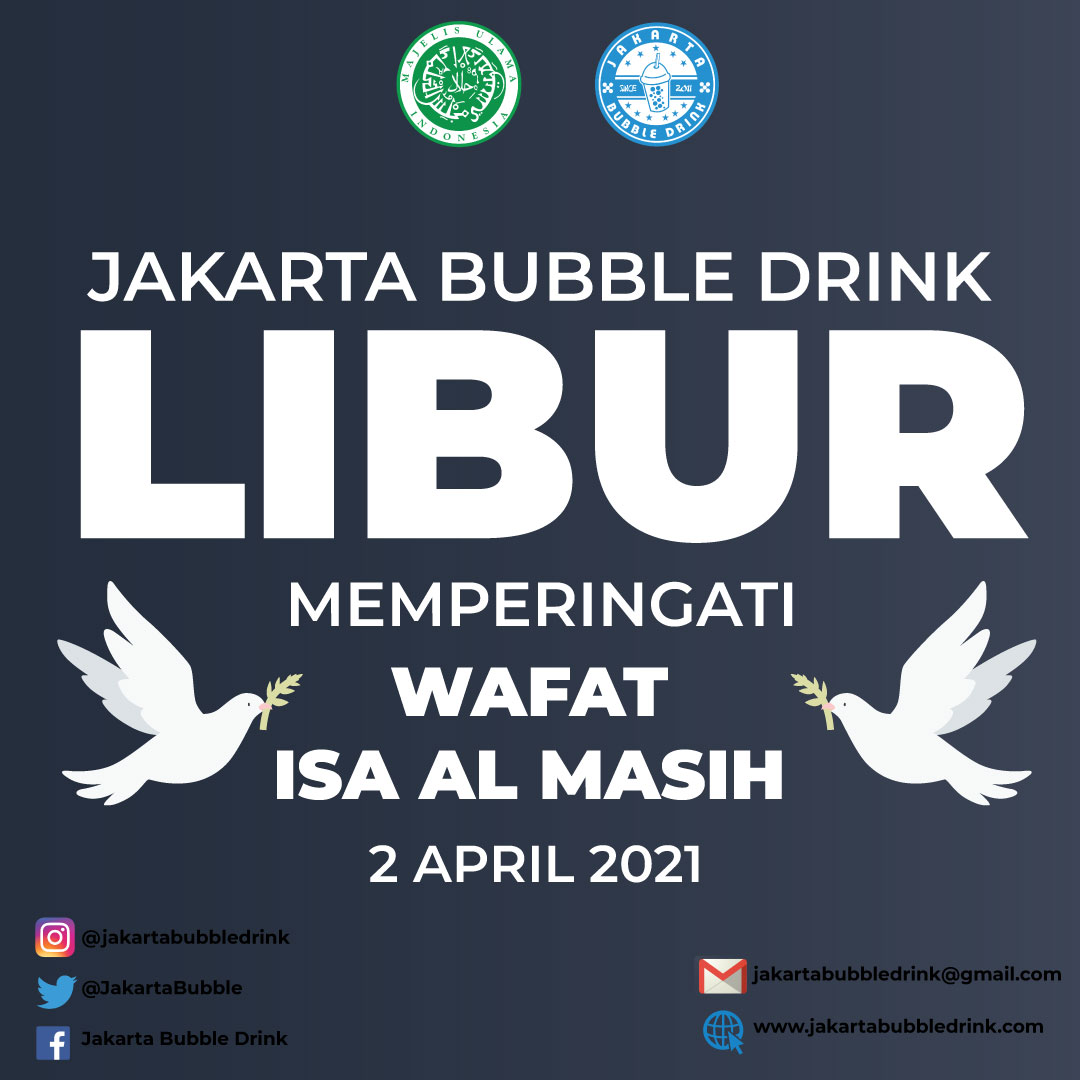 📣PENGUMUMAN📣

Untuk memperingati Wafat Isa Al Masih yang jatuh pada tanggal 2 April 2021, toko offline maupun online Jakarta Bubble Drink LIBUR dan akan beroperasi kembali pada tanggal 3 April 2021.

Terima kasih🤗