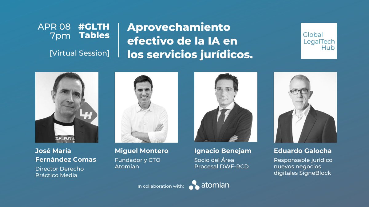 Glegaltechhub's tweet photo. Today we launch a new activity: #GLTHTablesπ₯
π April 8th at 7pm
"Taking advantage of #ArtificialIntelligence in legal services", in collaboration with @Atomian @derechopractico @signeblock & @DWFRCD
π Register here: https://t.co/D6XEDaRXZv
#GLTHCommunity #legaltech https://t.co/az6QXMvUtZ