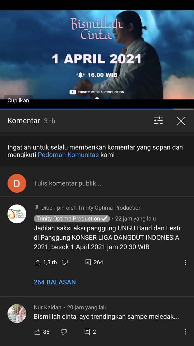 RezkiDhea's tweet photo. #bismillahcintaungulesti siapa yang udah pantengin YouTube Trinity Optima Production nih? Jam 16.00 WIB bakalan launching official music videonya loh❤️🙏🏻🔥 https://t.co/1ppzvS80aJ