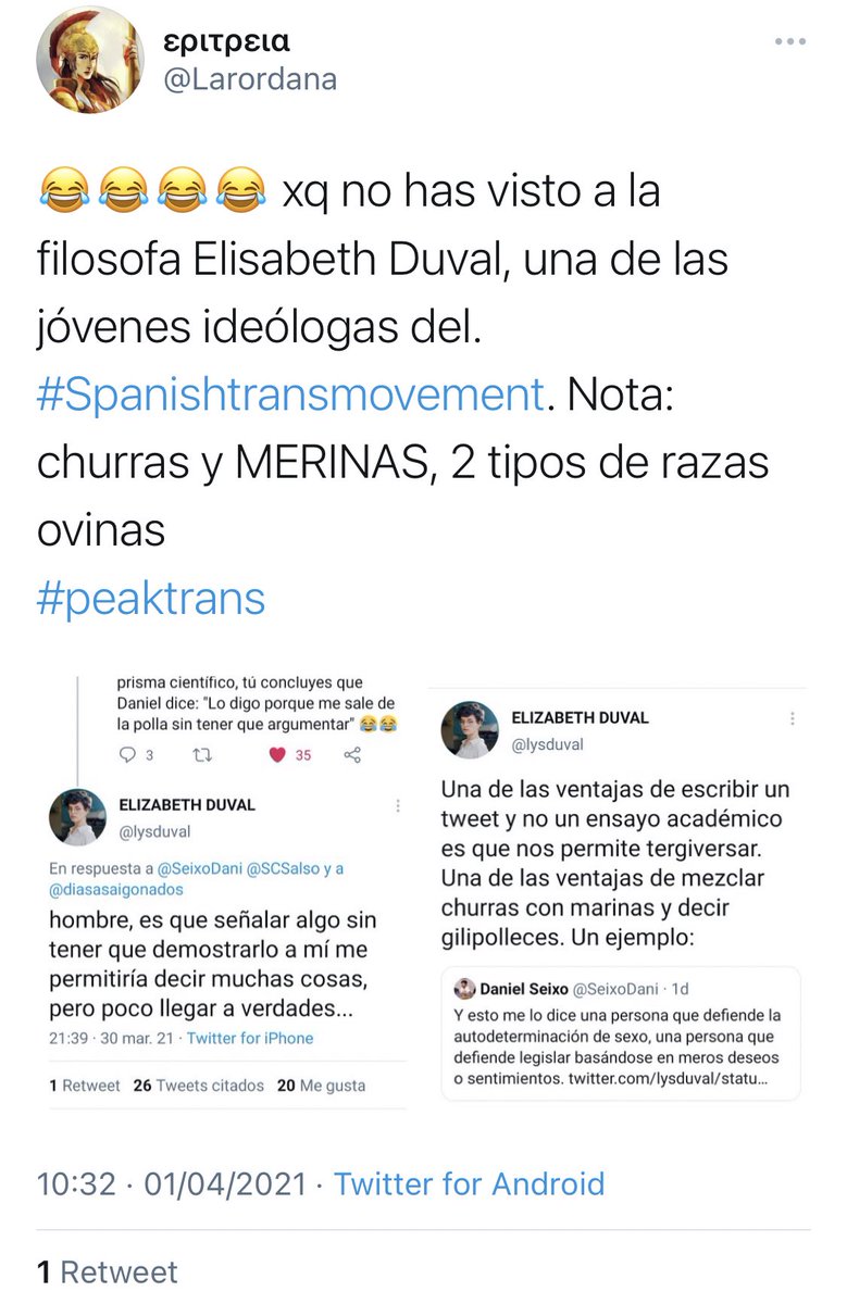 _elizabethduval's tweet photo. El último argumento de la reacción transexcluyente contra mí, «IDEÓLOGA DEL #SPANISHTRANSMOVEMENT» , es que el autocorrector hizo que en mi tweet pusiera MARINAS en lugar de MERINAS. Ok. #spanishtransmovement #peaktrans #terfisnotaslur #terfdayofvisibility #etc https://t.co/ZxHA3QWwqv