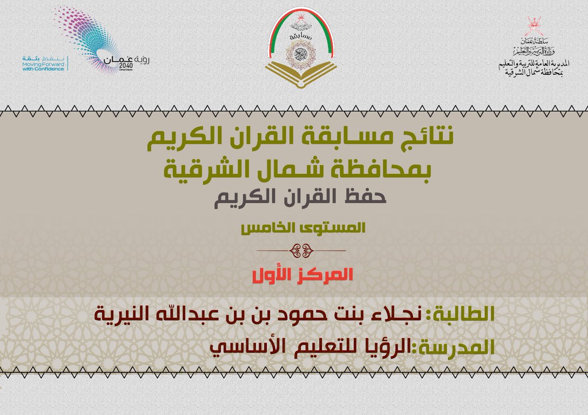 EduGovNsq6515's tweet photo. تبارك إدارة مدرسة الرؤيا للتعليم الأساسي للفائزين في  مسابقة القرآن الكريم بمحافظة شمال الشرقية لحصولهم على المركز الأول في مستويات مختلفة
"هنيئا لكم فقد عمرتم قلوبكم بكلام الله"
والشكر الجزيل موصولٌ للجنة حفظ القرآن بالمدرسة، ولأولياء أمور الطلبة الفائزين
@ShnEducation
@y12l31 https://t.co/uw2AVUZVqF
