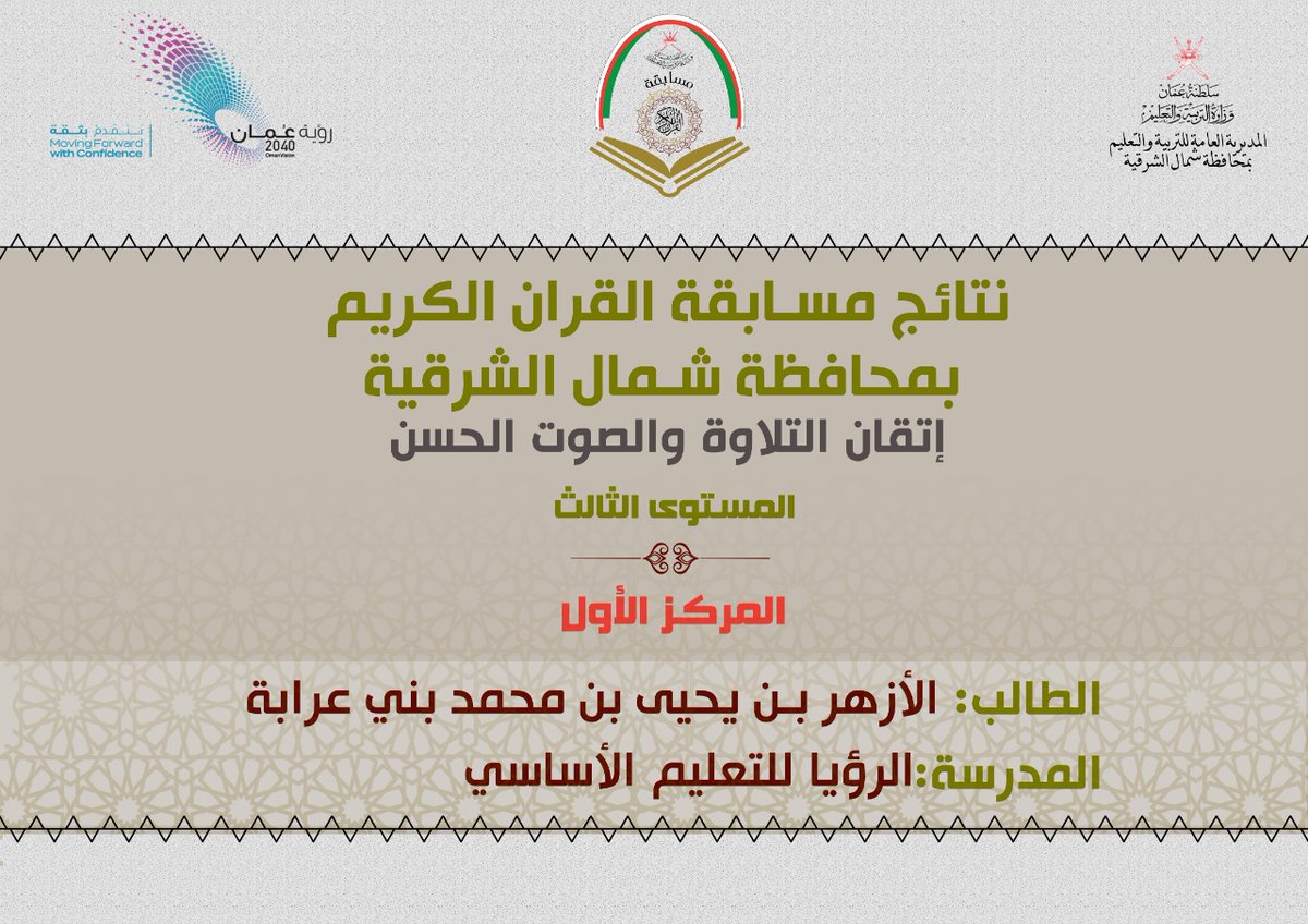 EduGovNsq6515's tweet photo. تبارك إدارة مدرسة الرؤيا للتعليم الأساسي للفائزين في  مسابقة القرآن الكريم بمحافظة شمال الشرقية لحصولهم على المركز الأول في مستويات مختلفة
"هنيئا لكم فقد عمرتم قلوبكم بكلام الله"
والشكر الجزيل موصولٌ للجنة حفظ القرآن بالمدرسة، ولأولياء أمور الطلبة الفائزين
@ShnEducation
@y12l31 https://t.co/uw2AVUZVqF