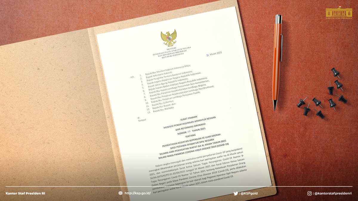 Aparatur Sipil Negara (ASN) dilarang melakukan perjalanan ke luar daerah selama Hari Peringatan Wafat Isa Almasih 2021. Larangan tersebut tercantum dalam SE Menteri PANRB Nomor 7 Tahun 2021.

#BersatuLawanCOVID19 #KSP