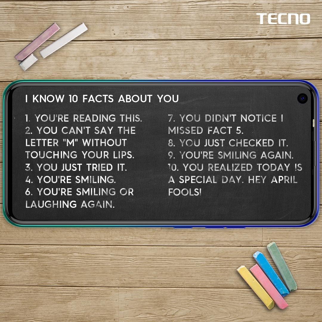 TECNOMobileRW's tweet photo. We know 10 facts about you!😂
Tell us your reaction in the Comments and SHARE this to your friends to make them smile;
3 comments with the most likes wins a Tecno hat and a 64GB Sd-card each.
Happy New Month of April!
#Tecnomobile #Expectmore #Spark5Pro https://t.co/ntYl13eyPU
