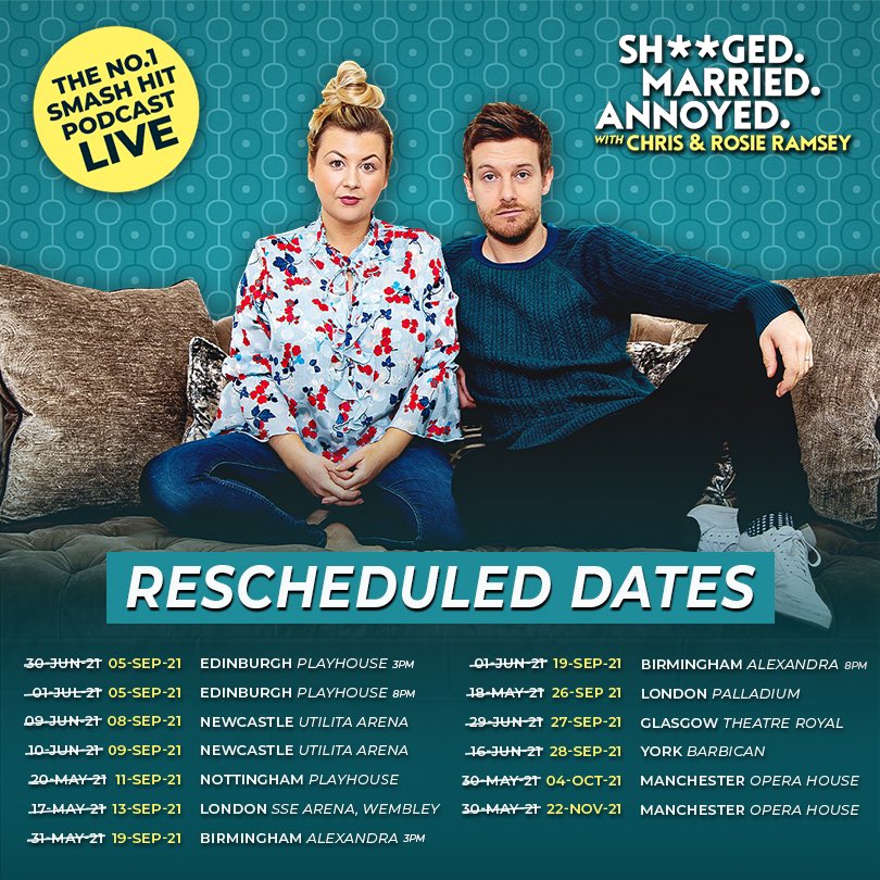 4pmWineTimeBaby's tweet photo. Morning! We are so are pleased to say all our spring Shagged. Married. Annoyed tour dates have now been rescheduled to this autumn! 🙌🏼
The venues/agents will be in touch to transfer your tickets over to the new date asap. #ShaggedMarriedAnnoyed https://t.co/h0domtjWCv