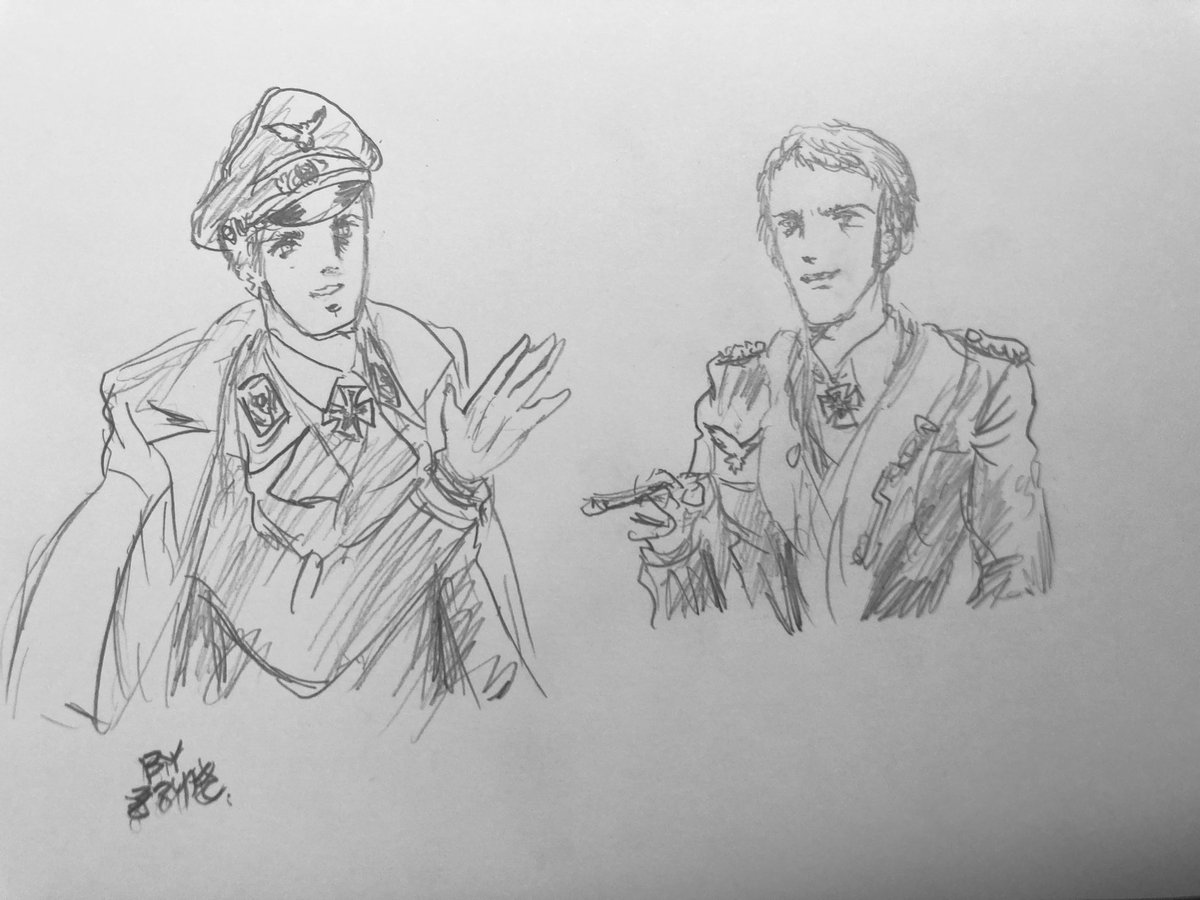 帰宅してそうそう、うろ覚えで鉛筆画を描いてみました。
「空軍大戦略」のドイツ側登場人物フェーン( パウル・ノイハウス)とファルケ(マンフレート・レドマン)
階級は2人とも少佐だと思います。 