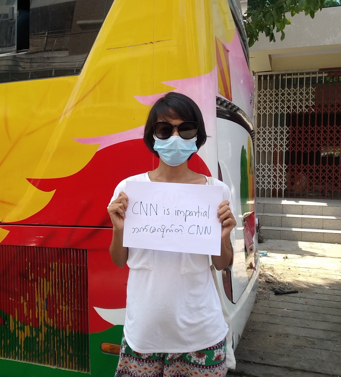 randallbreanna's tweet photo. Protest signs urging @CNN (currently on a media trip hosted by the junta) to represent the voice of the #Myanmar people. 

Lots of speculation flying about as to what CNN will report, and why they were able to come. 

pics from a friend.
#whatshappeninginMyanmar https://t.co/oQs2x5od9l