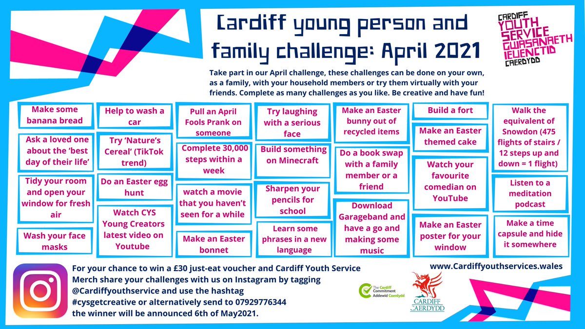 YouthCardiff's tweet photo. Are you ready for our April challenge? Complete as many as you like and share them with us for your chance to win a Β£30 Just-Eat voucher #CYSGetCreative
π°ππ https://t.co/EeJvgbGnyq