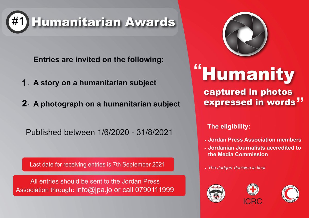 Hjelm følsomhed obligat ICRC Jordan on Twitter: "Are you a practicing #journalist in Jordan? The  2021 #Humanitarian_Awards for Journalists organised by the ICRC, Jordan  Press Association (JPA) @_JNRCS is starting today. These posters provide all