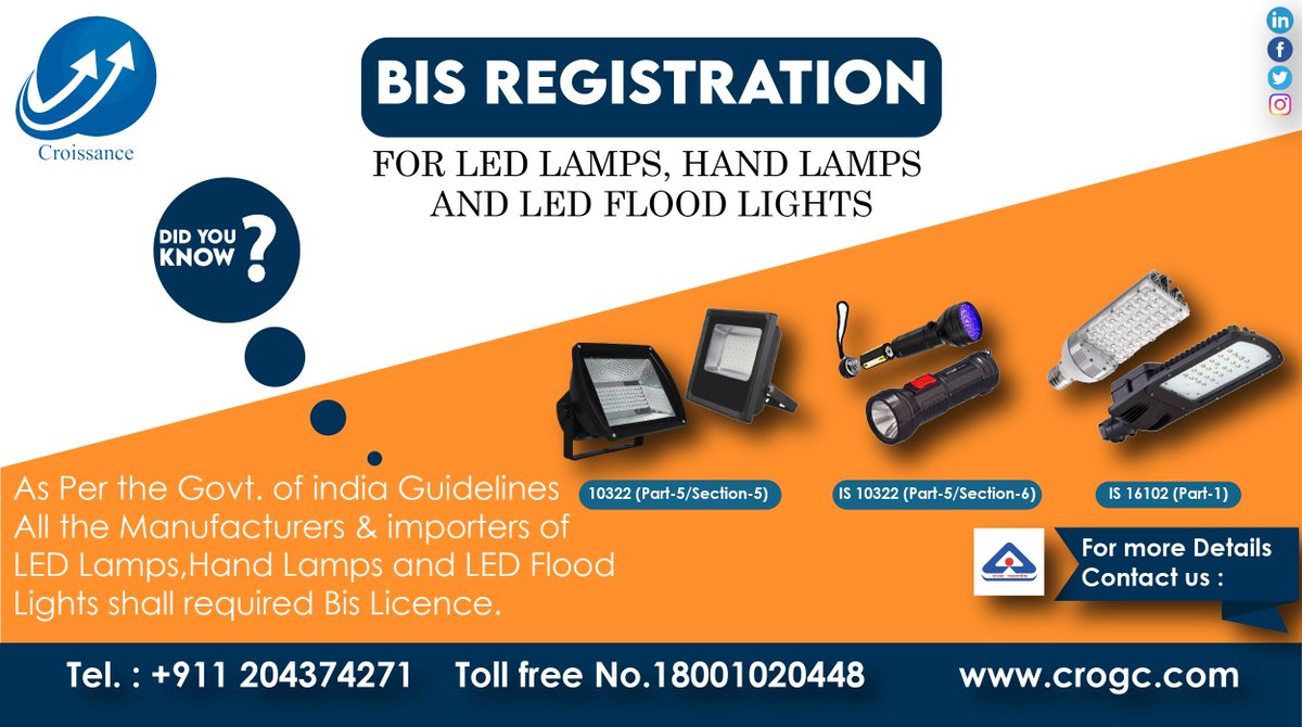 CroissanceGC's tweet photo. Do you know all types of LED Lamps required BIS REGISTRATION before import into the Indian Consumer market. We provide all types of certification services. #bisregistrationindia #Croissancegroup #bisapproval
For more info please visit our website-https://t.co/gkLMqIxFGL https://t.co/K3CP1VP3hv