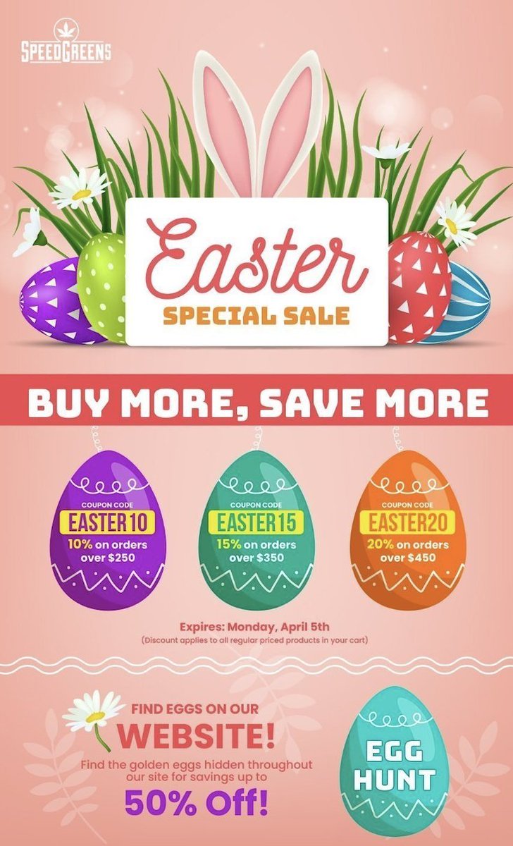 SpeedGreens's tweet photo. Easter is here and it's EGG-citing!🎁🐰
The more you buy, the more you save with our coupon codes. On top of that, it wouldn't be Easter without a Speed Greens Easter egg hunt. So look throughout our website to find our hidden golden eggs for HUGE savings up to 50% OFF! 🐣 https://t.co/CJblBgfEhx