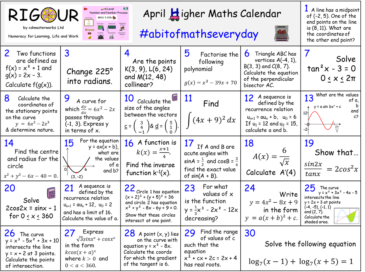 RigourMaths's tweet photo. **CALLING ALL #HigherMaths pupils** Need to consolidate your #HigherMaths skills this Easter? If so, try our April Calendar! Download this calendar and view the answers here; https://t.co/bUBogv0PNI #abitofmathseveryday #littleandoften 🥉🥈🥇🎯📅 https://t.co/KYG13PuEaL
