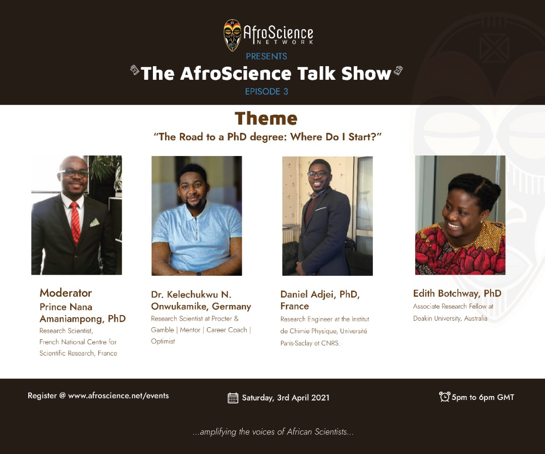 Afroscience1's tweet photo. Where do you start on the road to a PhD degree?

 Join us on Episode 3 of the AfroScience Talk Show

We have a fantastic list of young, dynamic AfroScientists!!

https://t.co/8HdneYzLCJ

#afrosciencetalkshow #afroscience #africa #phdlife https://t.co/CBs1d8zHCN