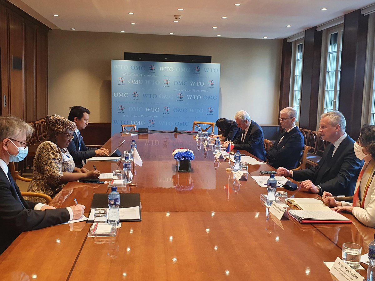 wto's tweet photo. WTO DG @NOIweala is currently meeting with French Minister @BrunoLeMaire and Minister Delegate @franckriester to talk about WTO reform and France's support for the multilateral trading system. 🇫🇷 @FranceONUGeneve https://t.co/2zarfjLsdo