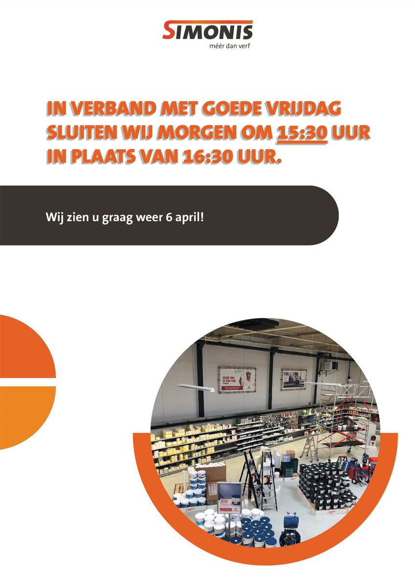 In verband met goede vrijdag sluiten wij morgen één uur eerder dan normaal. Wij zullen dus om 15:30 uur dicht gaan in plaats van 16:30 uur.