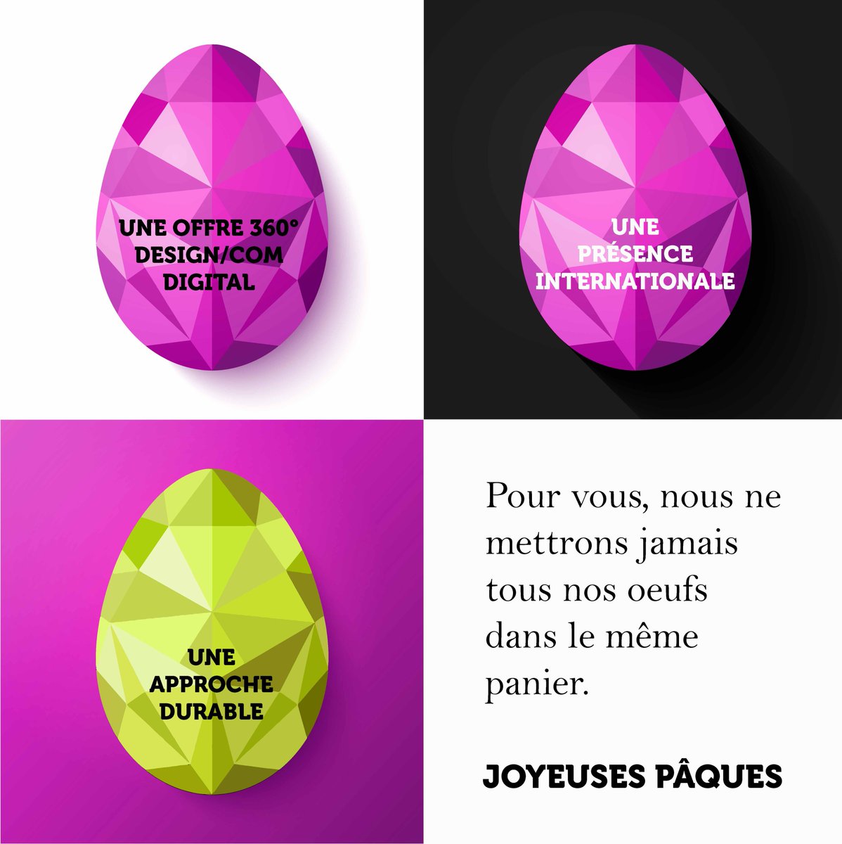 // UPDATE 🐇🐰🥚 C’est bientôt Pâques… mais pour vous, nous ne mettrons jamais tous nos oeufs dans le même panier ! #happyeaster #standdesign #interiordesign #digitalsolutions #strategiccommunications #anytimeanywhere #ecofriendly #iso20121 #worldwide #eventprofs