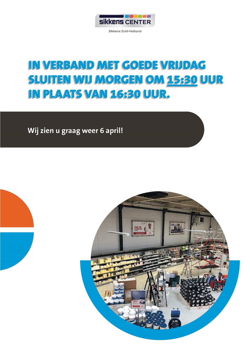 In verband met goede vrijdag sluiten wij morgen één uur eerder dan normaal. Wij zullen dus om 15:30 uur dicht gaan in plaats van 16:30 uur.