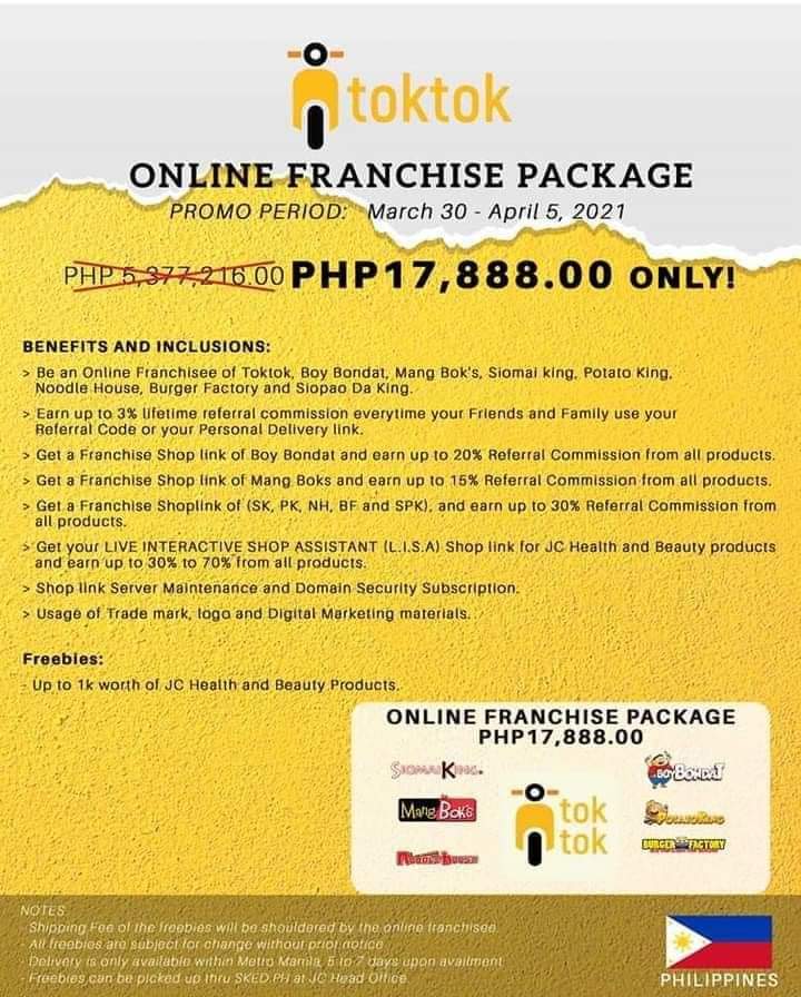 ToktokPHDom's tweet photo. Last Chance para maging Toktok Operator!

Promo until April 5,2021

Be a Toktok Operator now! Sa halagang ₱17,888 may sarili ka ng negosyo!

Send me message ✉️

#toktok #toktokOnlineFranchise #DeliveryService #toktokOperator #IpatoktokMoNaYan https://t.co/0Mu3aG2ISn