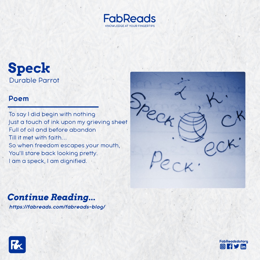 FabReadsdotcom's tweet photo. Start the day as a SPEC reading 'SPECK' π by @Priscillafalade
Check it out here: https://t.co/DPeJTDUdQp
Enjoy π₯
#fabreads #poems #poetry #writing #WritingCommunity #AprilFoolsDay #aprilwish https://t.co/6LT2q0FkiW