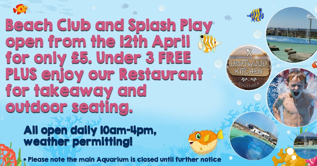 ⚠️ANNOUNCEMENT!⚠️

We are hoping to reopen the Aquarium in May for our visitors! 

But in the meantime we will be opening our Beach Club and Splash Play area from the 12th April for only £5. Under 3 FREE! 

Plus enjoy our Driftwood Kitchen restaurant for takeaways.