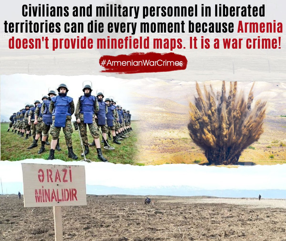 SaidaSadig's tweet photo. -Civilians and military personnel in liberated territories can die every moment because Armenia doesn't provide minefield maps. It is a war crime! #ArmenianWarCrimes #IMAD2021 @UN
@coe
@hrw
@UNHumanRights
@UNOCHA
@UN_HRC
@amnesty
@MineMonitor
@MAGsaveslives
@TheHALOTrust
@ICRC https://t.co/McCKeJAElw