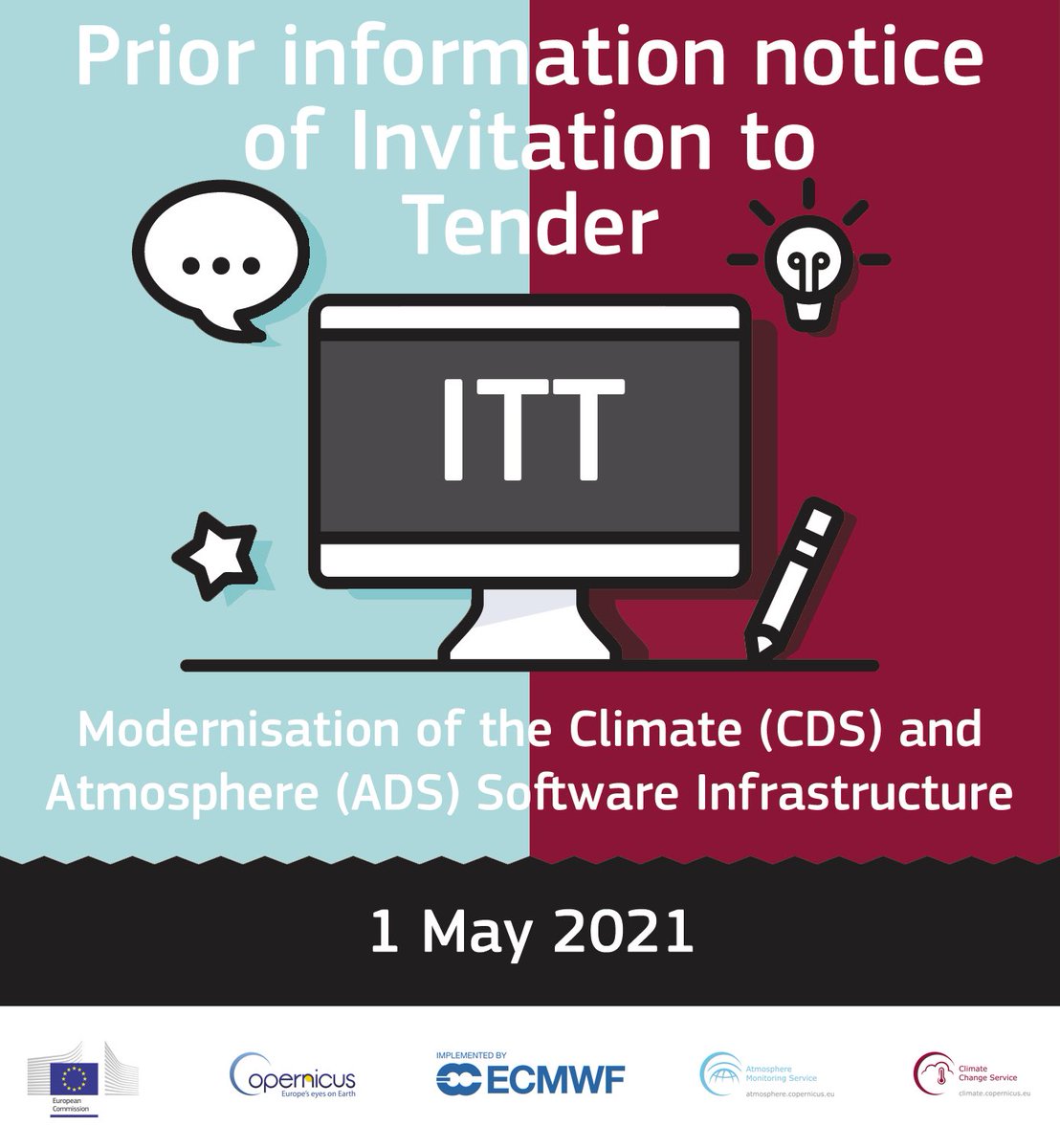 CopernicusECMWF's tweet photo. Could you help us improve the infrastructure of the #ClimateDataStore and #AtmosphereDataStore? An upcoming #ITT will seek a contractor to modernise and upgrade both resources.
Read the prior information notice➡️https://t.co/yux7POXf1J https://t.co/rKWcxrNTkT