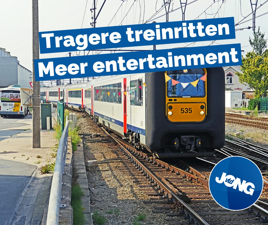 dejongliberalen's tweet photo. Jong VLD pleit voor tragere ritten @NMBS en meer entertainment op de trein, nu reizigers aan het raam zitten. We willen dat reizigers niet het Vlaamse landschap van lintbebouwing, patatten- en maïsvelden, Vlaamse koterijen voorbijvliegen maar in alle rust kunnen genieten. https://t.co/oV7TKR4lwF