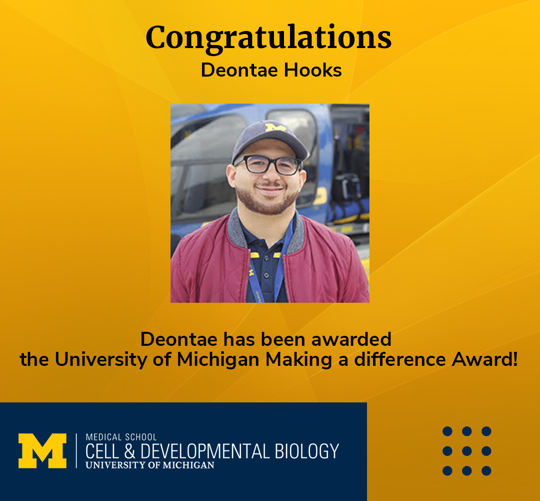 UMCDB's tweet photo. Congratulations to @deon918!
Deontae has been awarded the University of Michigan #Making_a_difference Award!
#CDB #umichCDB #award https://t.co/w6ndHTZRMh