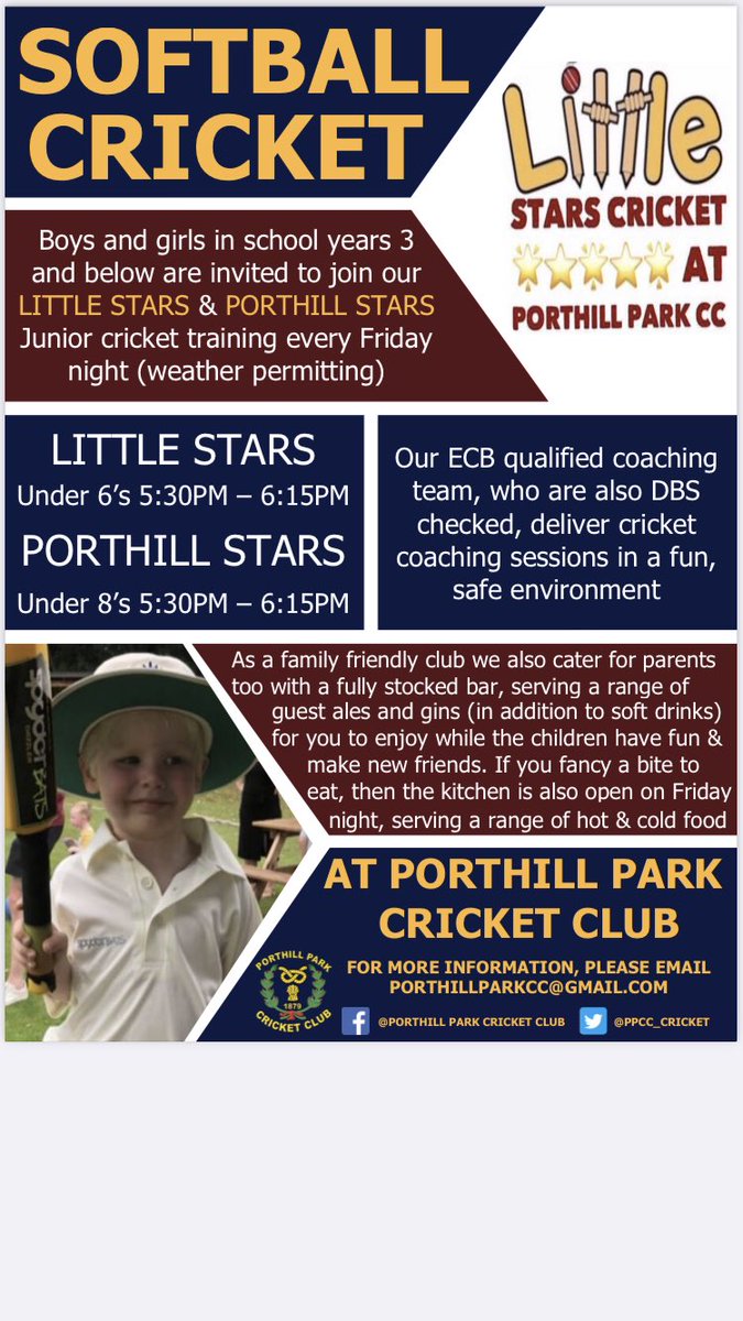 Softball Cricket is back at <a href="/PPCC_Cricket/">Porthill Park CC</a> ! An outstanding weekly programme for boys &amp; girls,  running from 16th April to Sept. Registration nights, Friday 2nd &amp; 9th April, 6.15pm at Porthill. To find out more about our porthill stars &amp; little stars programme pop in or email 🏏