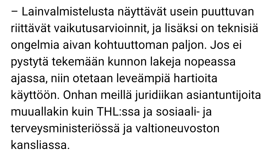TeeHool1's tweet photo. "Jos ei pystytä tekemään kunnon lakeja nopeassa ajassa, niin otetaan leveämpiä hartioita käyttöön. Onhan meillä juridiikan asiantuntijoita muuallakin kuin THL:ssa ja STM:ssä ja VNK:ssa." Amen.

Oikeushistorian professori kritisoi OKA:a https://t.co/TqNaUAlvSH #uutisvahti https://t.co/bOMks5hhsi