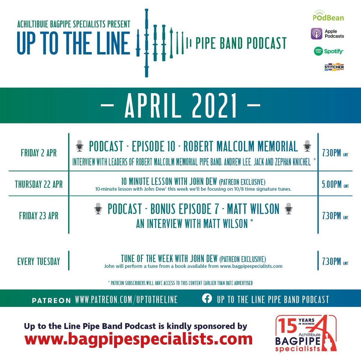UpToTheLinePod's tweet image. 🎙 WHAT'S ON IN APRIL 🎙
More great content this month including some cracking interviews!  Be sure not to miss out.
Follow us on Patreon here for exclusive content:
patreon.com/uptotheline
bagpipespecialists.com
uptothelinepodcast.podbean.com