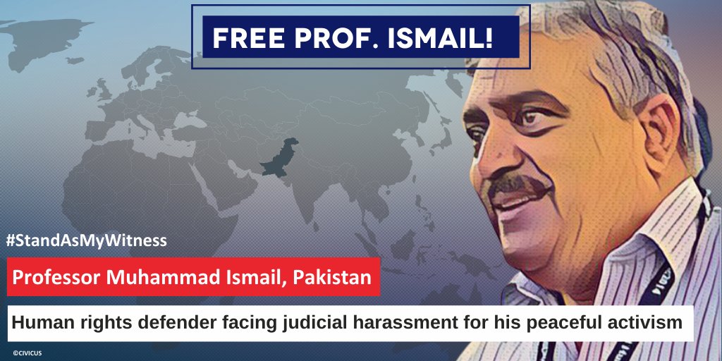 Pakistan human rights defender Muhammad Ismail has spent 2 months in detention on trumped up charges following his bail rejection & his chronic health problems put him at risk. See chronology of harassment he & his family have experienced web.civicus.org/296 #StandAsMyWitness