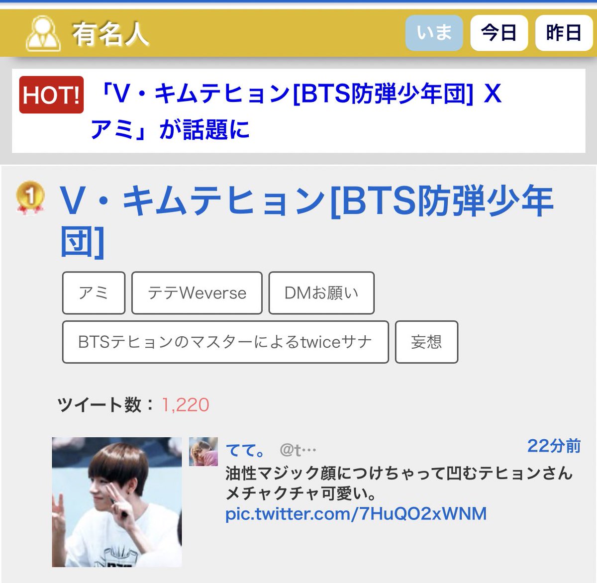 V キムテヒョン Bts防弾少年団 X テテがweverseに遊び Twitterで話題の有名人 リアルタイム更新中