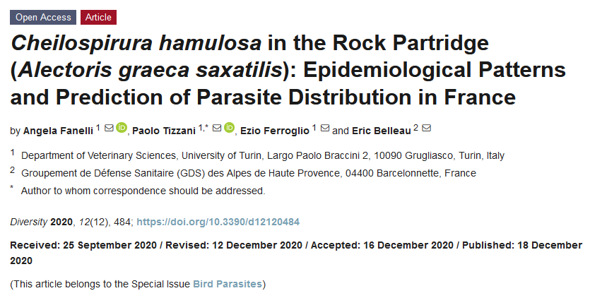 DiversityMDPI's tweet photo. #DiversityMDPI, #Cheilospirura #hamulosa in the #Rock #Partridge (#Alectoris #graeca #saxatilis): Epidemiological Patterns and Prediction of Parasite Distribution in France, https://t.co/P4hXX7zVvh https://t.co/Ub0ViIP3lR