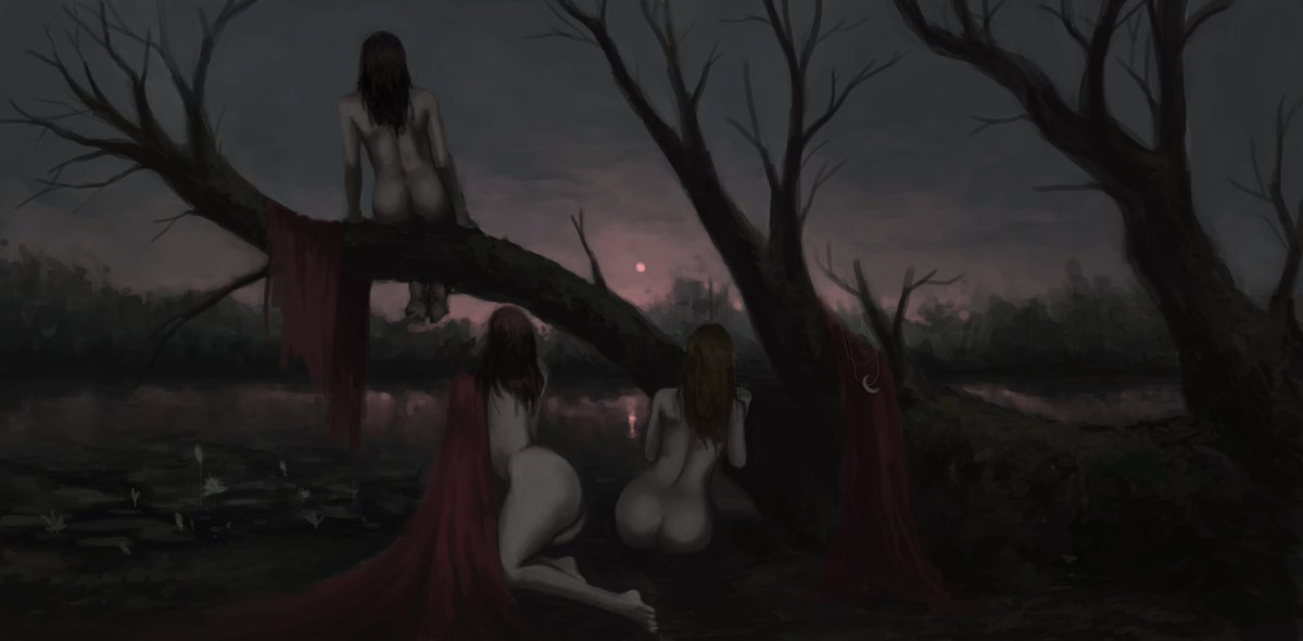 The Hesperides , nymphs of evening 🌒 #art #artistsontwitter #digitalpainting #darkart #painting #digitalart #fantasy #fantasyart #macabre #nymphs #forest #sunset