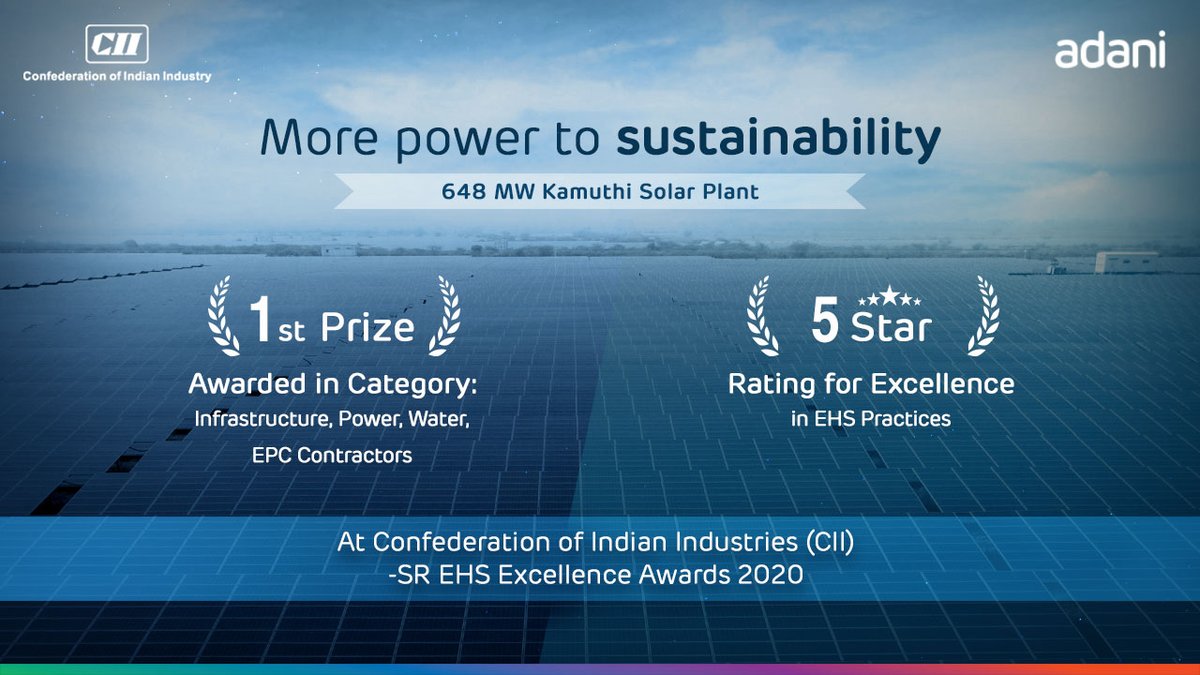 AdaniOnline's tweet photo. Proud to announce that #AdaniGreenEnergy's Kamuthi Solar Power is felicitated at the Confederation of Indian Industry Awards 2021. The awards truly recognise our heroes' efforts and dedication in building a sustainable India.
#Adani #AEGL #CII #RenewableEnergy @FollowCII https://t.co/pueGX8ABxZ