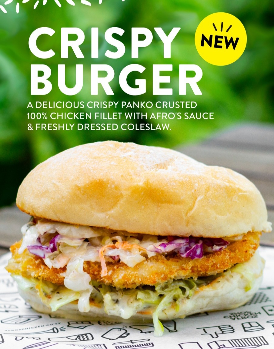 Wola Lapho! You can now grab the succulent Cripsy Burger In-store at all Afro's Stores in KZN. Real chicken, real flavour, What's not to love? For Only R65 with Tjips😉!