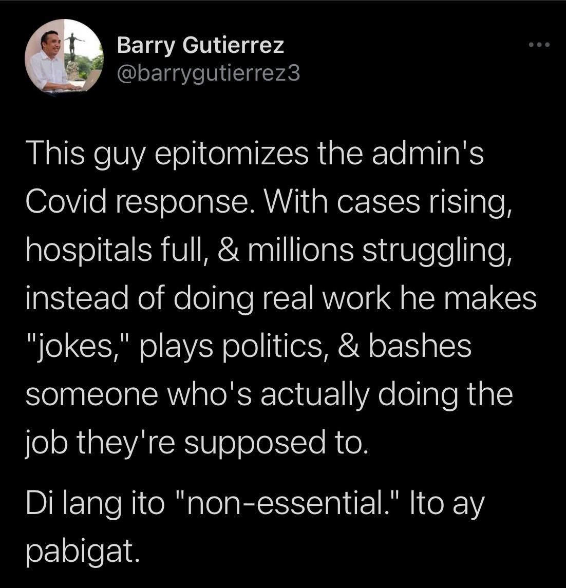 BayanihanToday's tweet photo. Vice President Leni Robredo's spokesperson calls out DILG Usec. Epimaco Densing for his post saying, “Hindi essential SI LUGAW.” 

“This guy epitomizes the admin's COVID response," Barry Gutierrez responded.

#VPLeni #PresDuterte #Philippines https://t.co/ME5n1pYunT