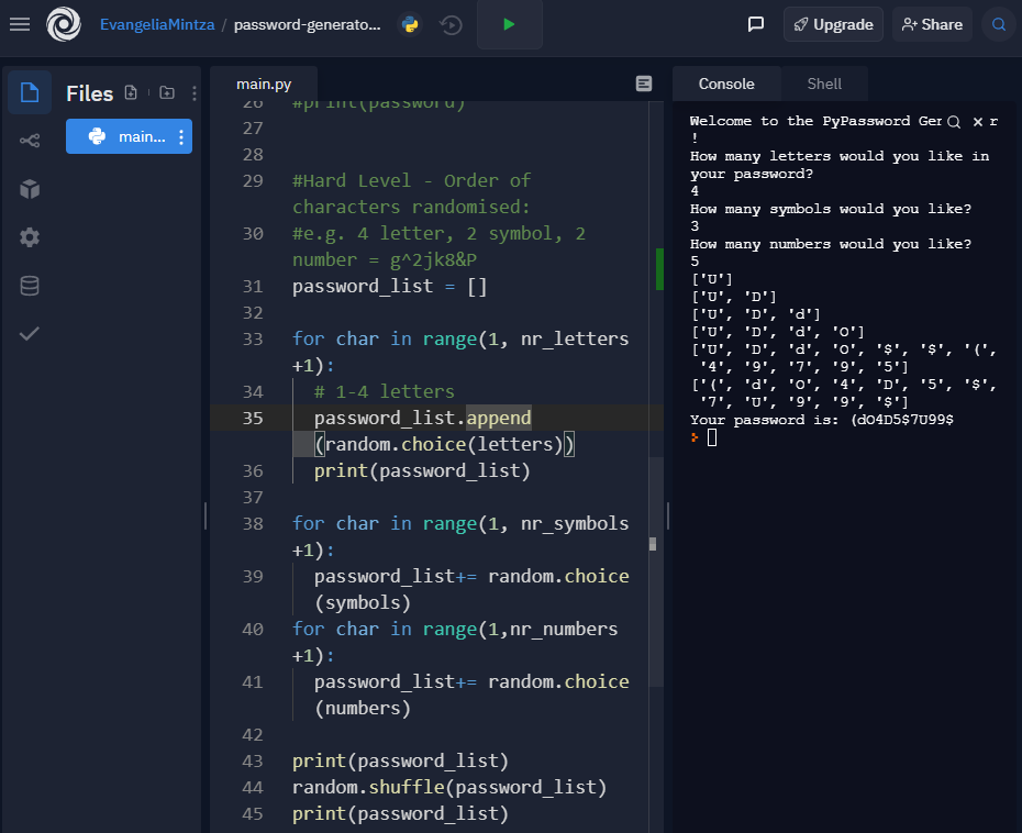 EvaMintz's tweet photo. Day 5 Learning Python: Loops and generating a random password
#100daysofcodechallenge https://t.co/qnNbPzWRBe