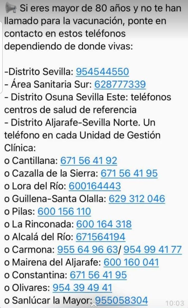 Información importante para las personas mayores de 80 años que aún no hayan sido citadas para vacunarse en Sevilla y provincia. Para aquellos municipios que no aparezca teléfono de contacto entiendo que habrá que llamar al centro de salud correspondiente. Se ruega difusión.