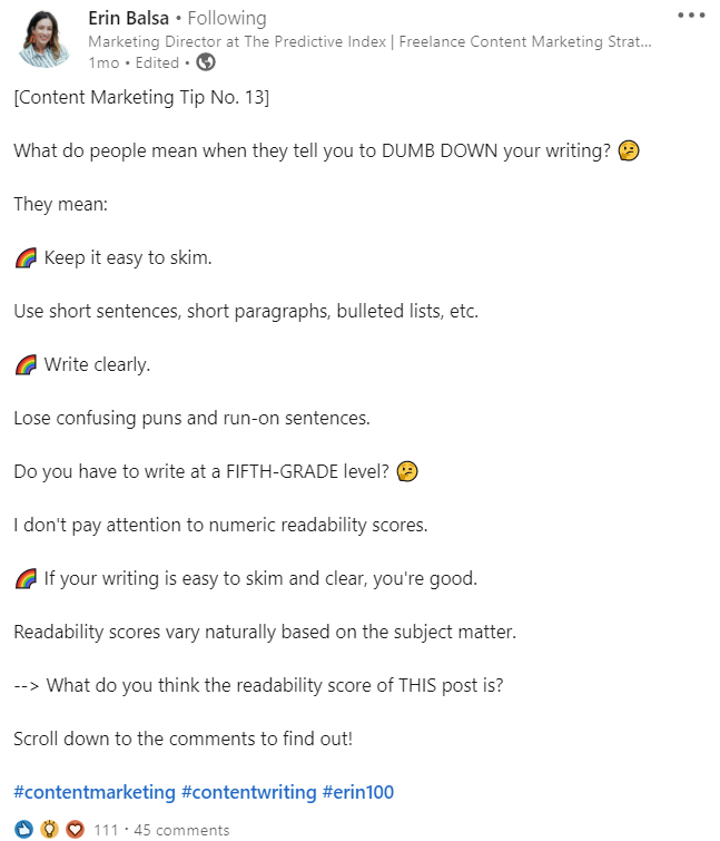 Erin Balsa reminds us that what we write should be easy to read. 📚

Follow her for more content writing tips! 

#contentwriting #marketing