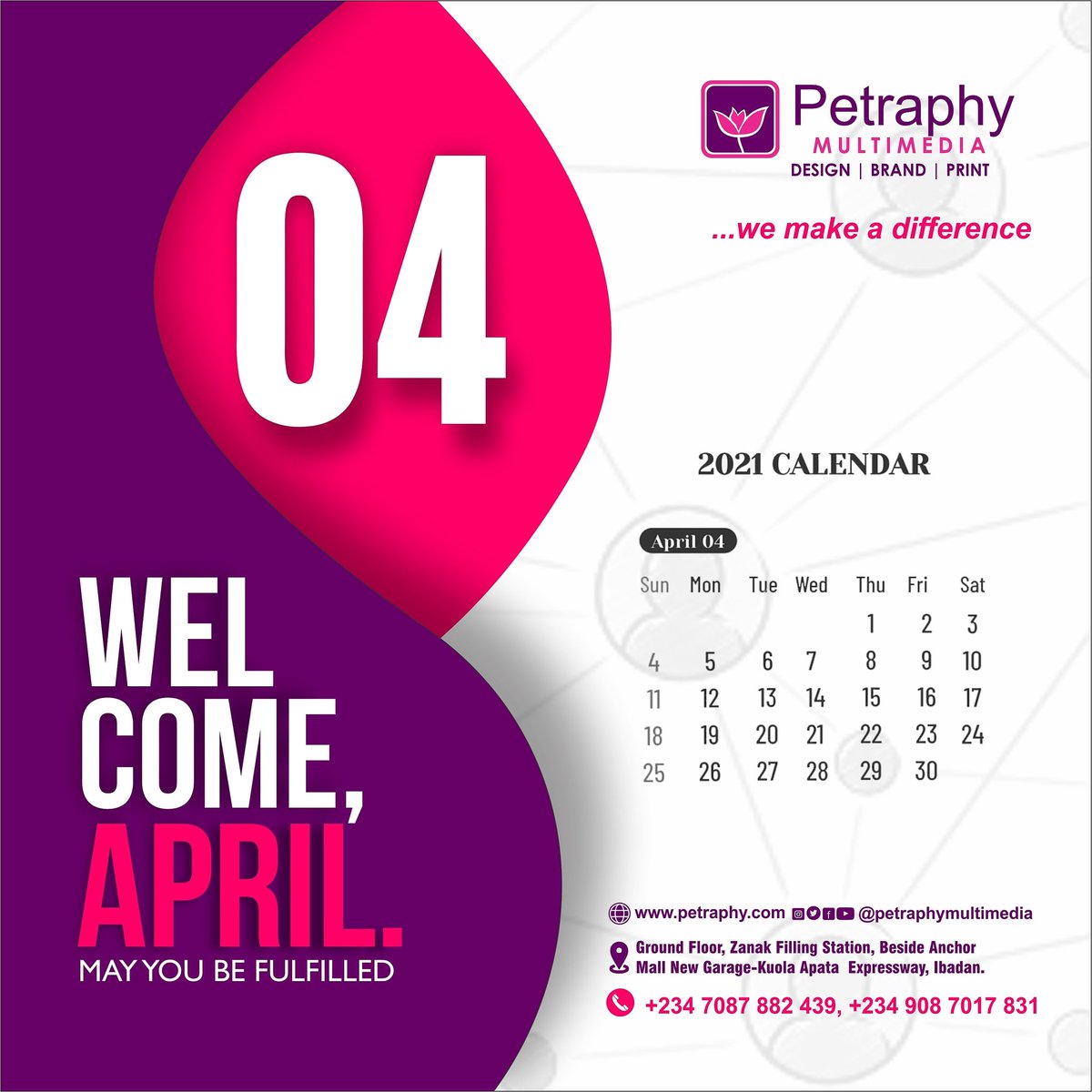 petraphy's tweet photo. Welcome to April.

May you be fulfilled and enjoy the best of the season. 

Happy New Month Beloved

#Design #DigitalMarketing #Gift #Special #Online #SocialMedia #needalogo #freelance  #Branding #Packages #graphicdesign #graphicartist #oyo #Nigeria #Ibadan  #petraphymultimedia https://t.co/ulxqCVsy0z