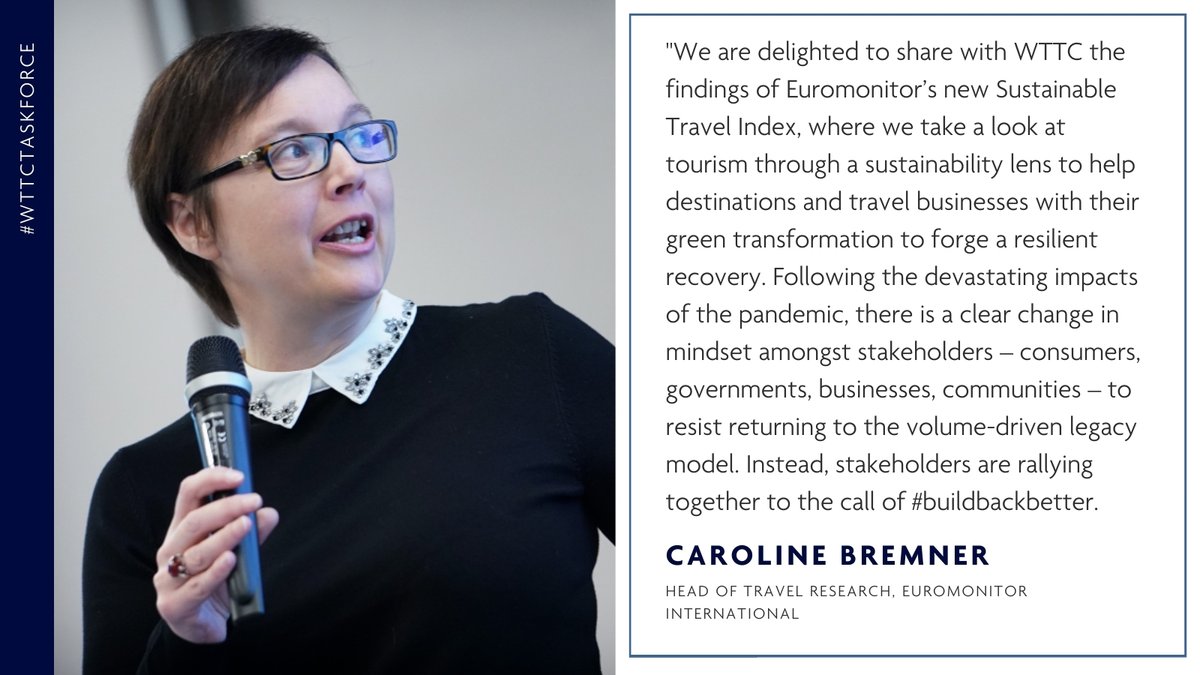 WTTC's tweet photo. We were delighted to have @CarolineBremner, Head of Travel Research at @Euromonitor, join us this week at our #WTTCTaskforce call. She shared their new Sustainable Travel Index and how stakeholders are looking to #buildbackbetter after the pandemic. https://t.co/Y35eK9Fsts